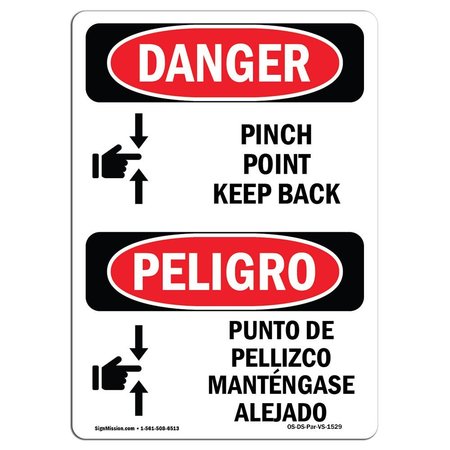 SIGNMISSION OSHA Sign, Pinch Point Keep Back Bilingual, 14in X 10in Decal, 10" W, 14" L, Bilingual Spanish OS-DS-D-1014-VS-1529